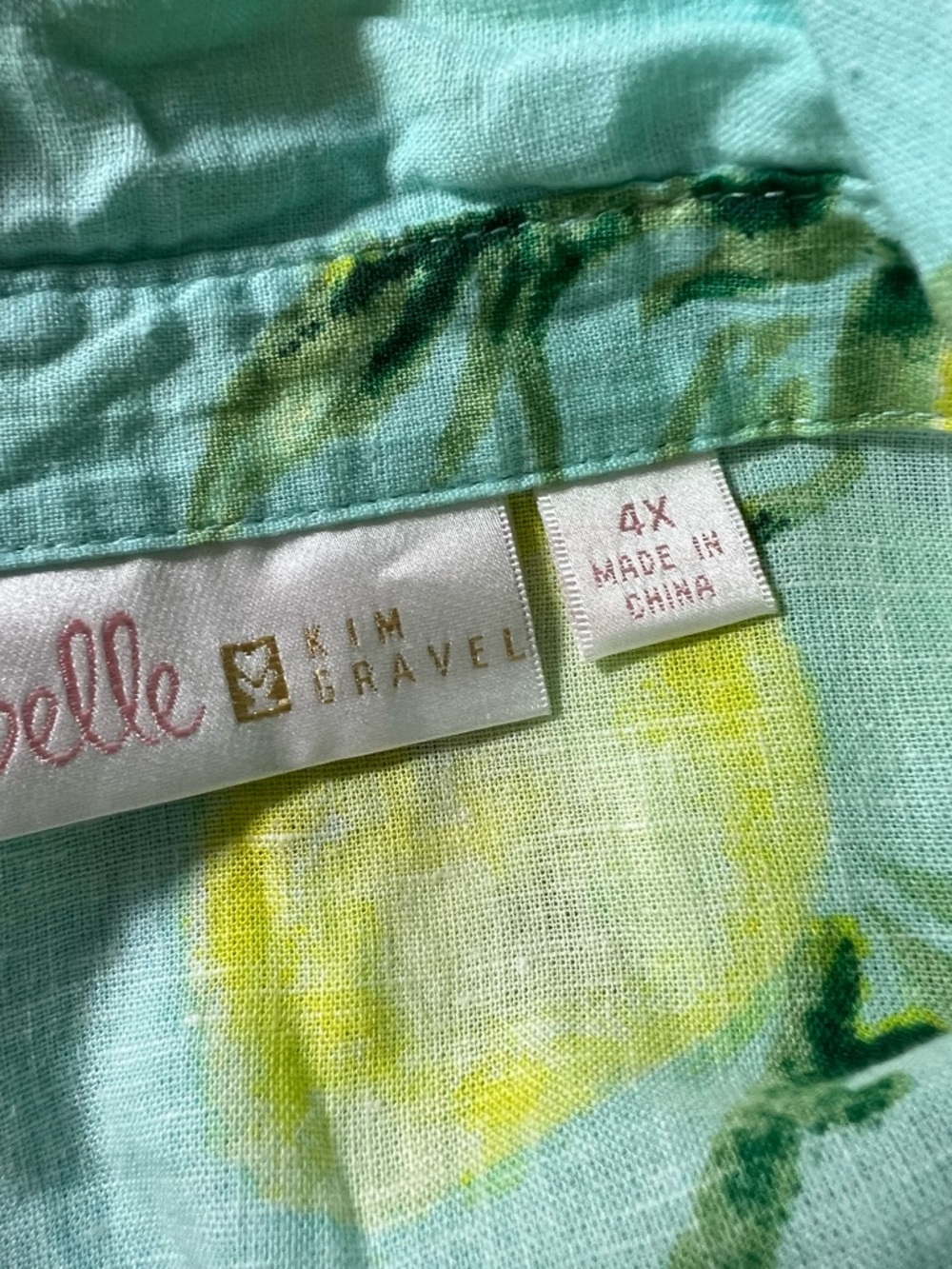 Belle Kim Gravel size 4X Aqua Yellow Lemon Linen Blend Long Sleeve Button Up Top - Picture 6 of 8